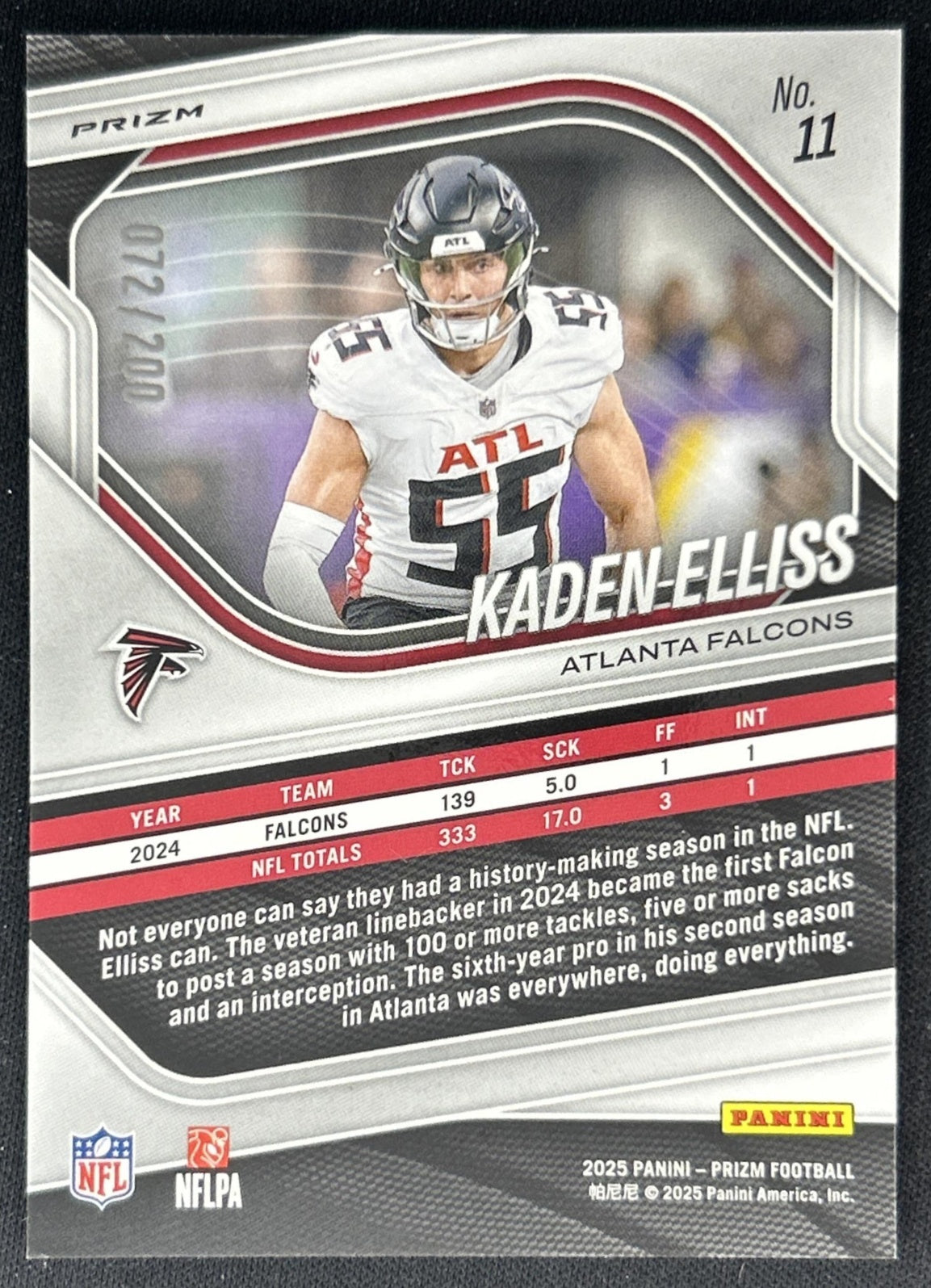 Kaden Elliss 2025 Panini Prizm Hyper /200 Falcons Back