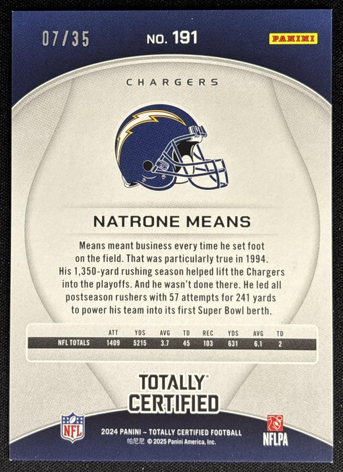 Natrone Means 2023 Panini National Treasures Gold /35 Chargers
