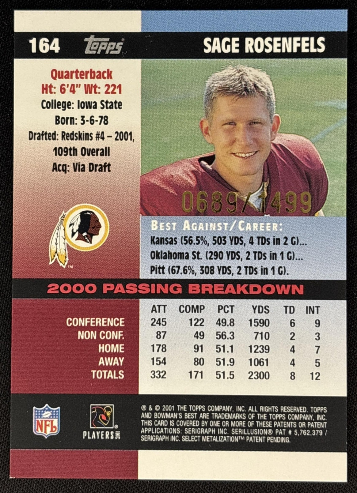 Sage Rosenfels 2001 Bowman's Best /1499 Sports Trading Cards