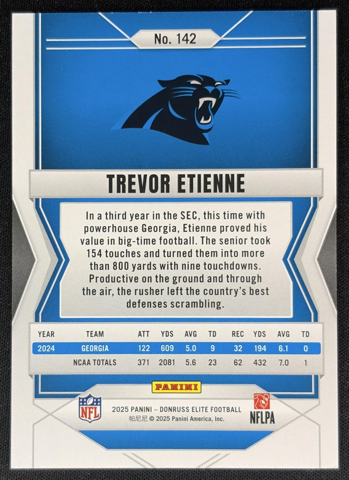 Trevor Etienne 2025 Panini Donruss Elite Rookies /999 Panthers back