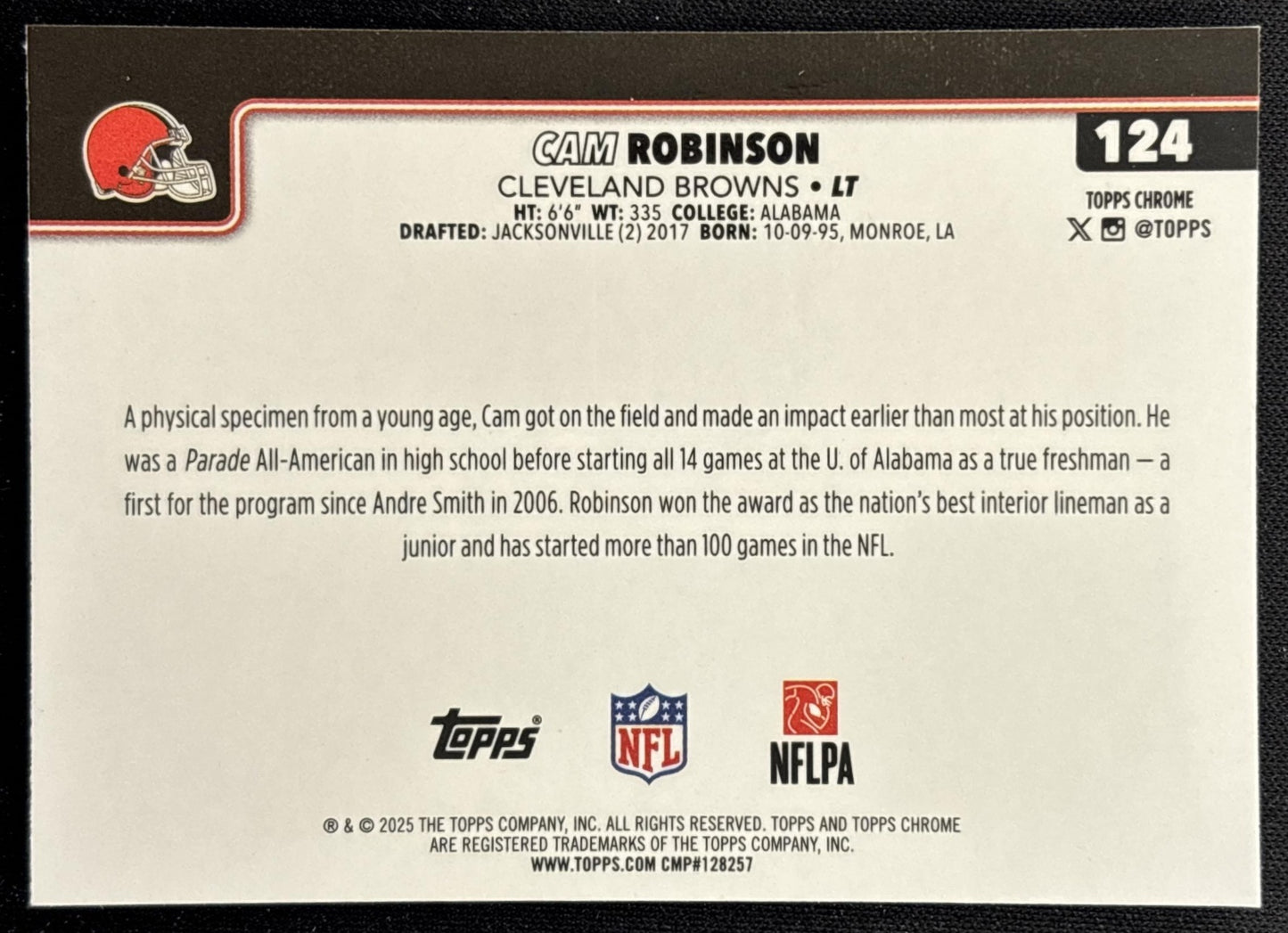 Cam Robinson 2025 Topps Chrome Red/White/Blue Refractor Browns - Back