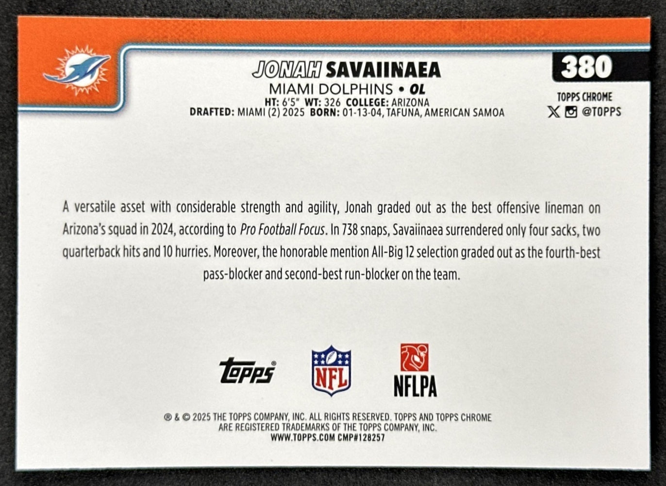 Jonah Savaiinaea 2025 Topps Chrome Sapphire Dolphins