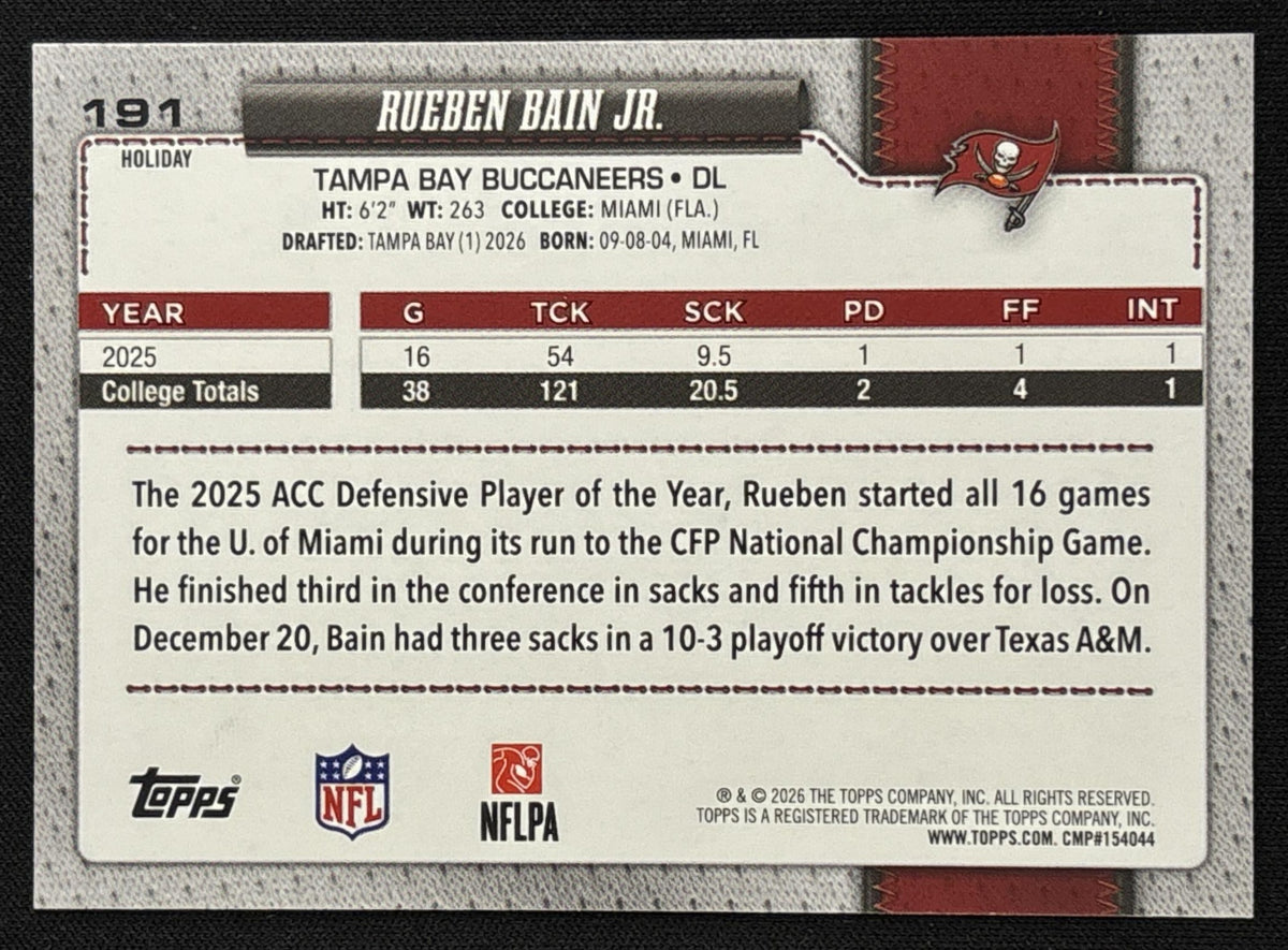 Rueben Bain Jr. 2026 Topps Holiday Blue Metallic Glitter Buccaneers