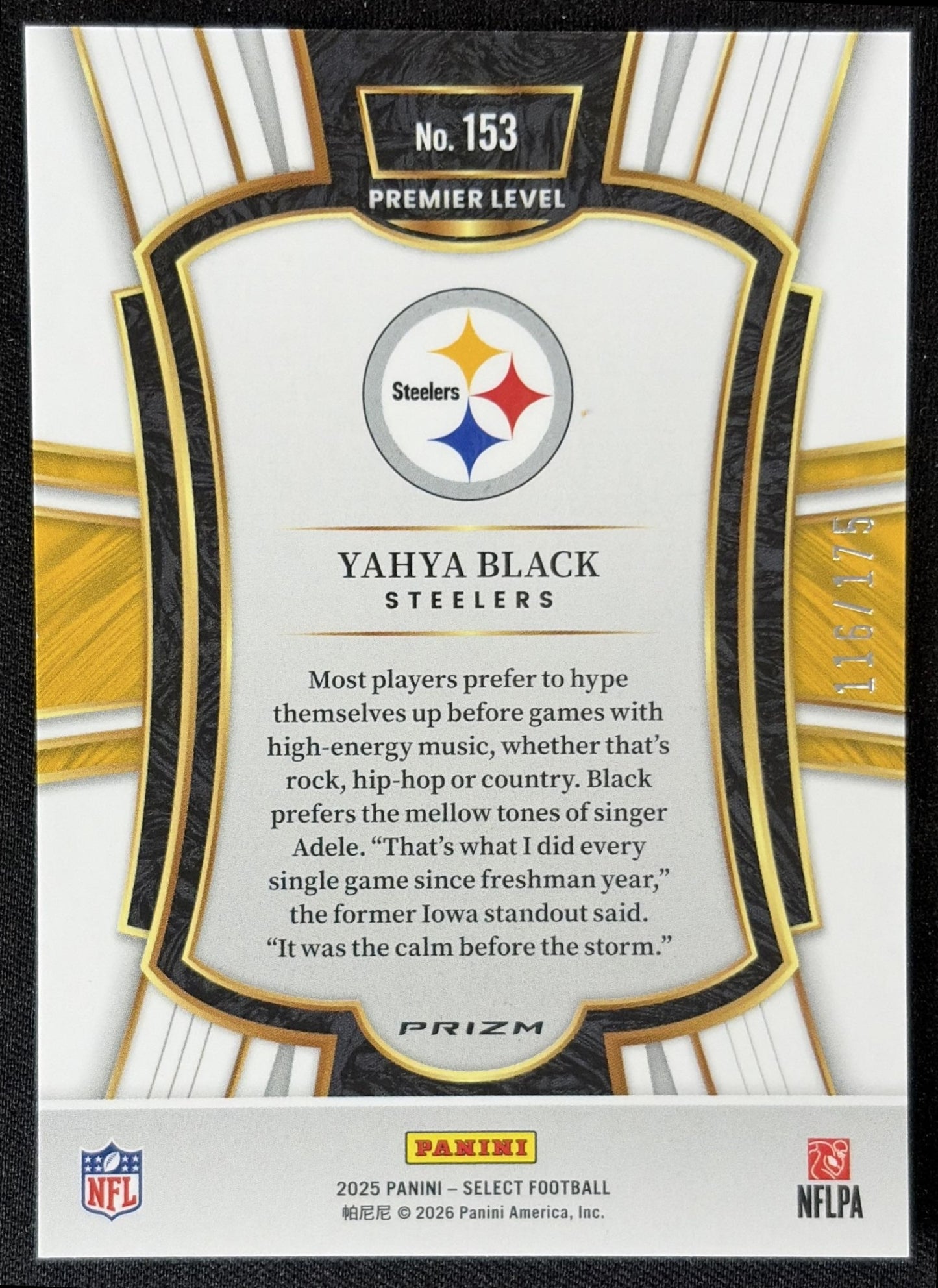 Yahya Black 2025 Panini Select Premier Level Blue Prizm /175 Steelers back