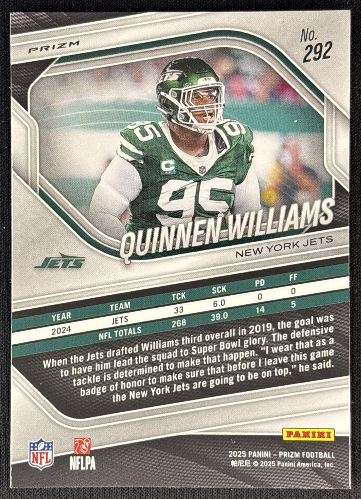 Quinnen Williams 2025 Panini Prizm Silver Jets back