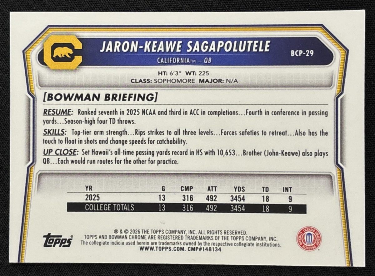 Jaron-Keawe Sagapolutele 2026 Bowman Chrome Prospects Gridiron Refractor /125 Golden Bears