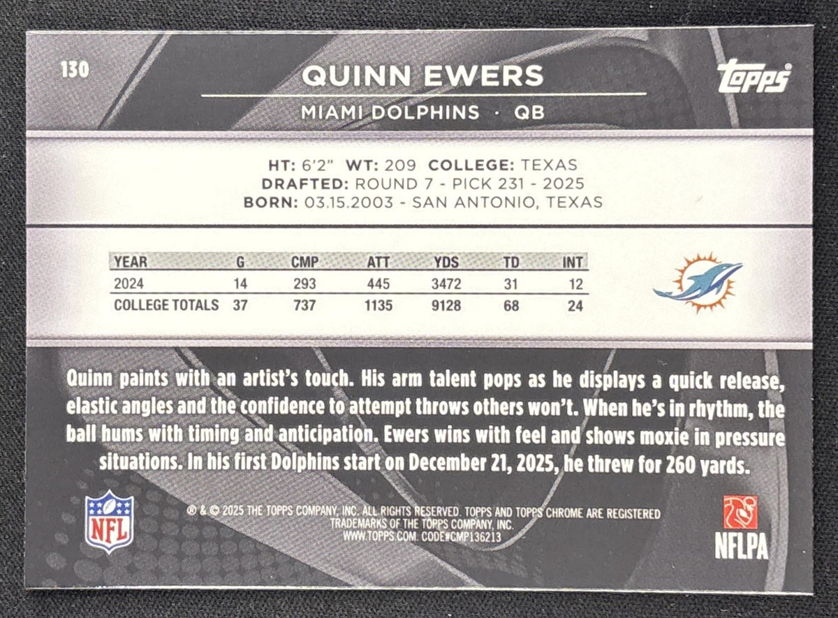 Quinn Ewers 2025 Topps Chrome Black Dolphins