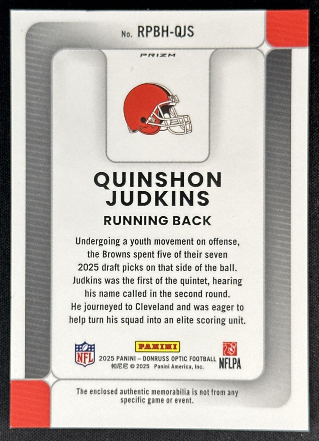 Quinshon Judkins 2025 Donruss Optic Rookie Phenoms Blue Hyper Prizm Browns Sports Trading Cards