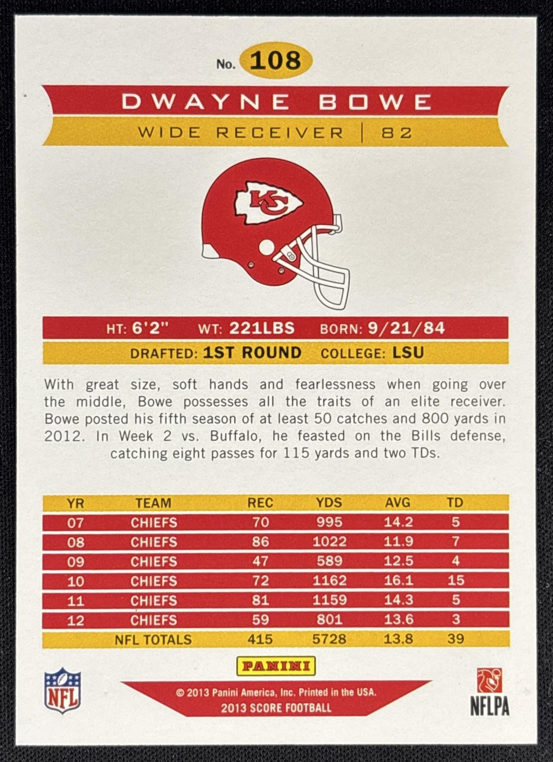 Dwayne Bowe 2013 Panini Score Artist Proofs /32 Chiefs back