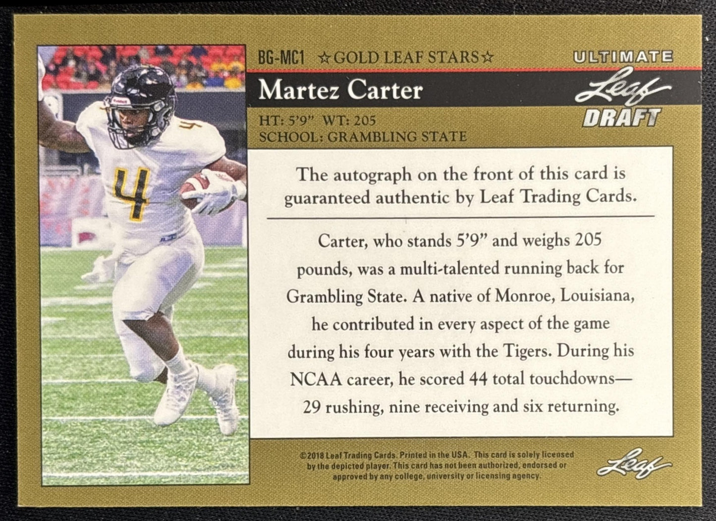 Martez Carter 2018 Leaf Draft Auto Black /15 back