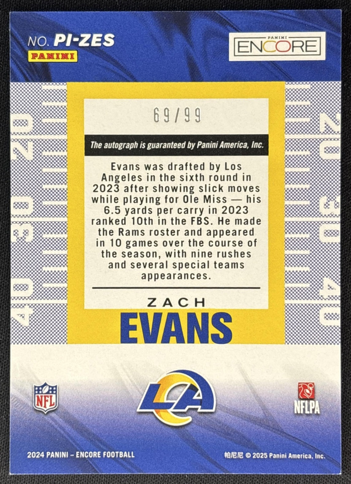 Zach Evans 2024 Panini Encore Pinnacle Inscriptions /99 Rams back