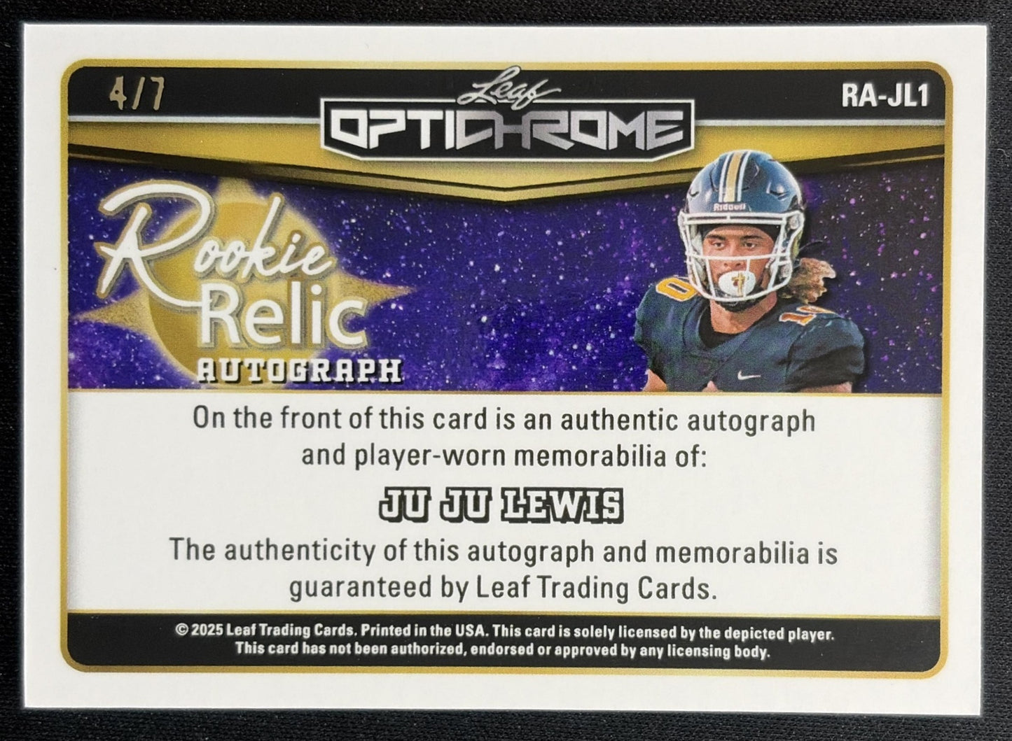Ju Lewis 2025 Leaf Optichrome Rookie Relic Auto Crystal Platinum Blue /7 back