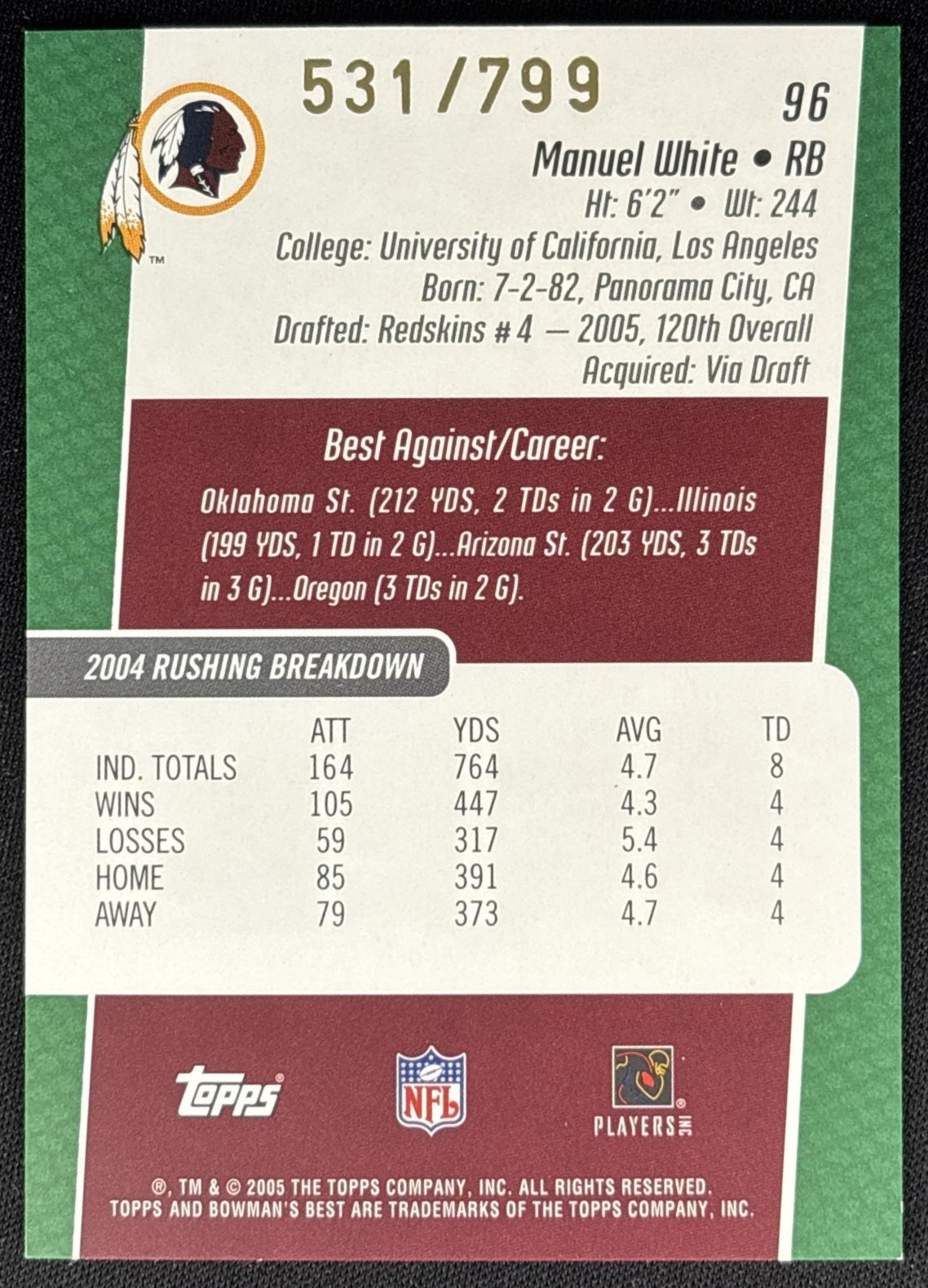 Manuel White 2005 Bowman's Best Green /799 Redskins Sports Trading Cards