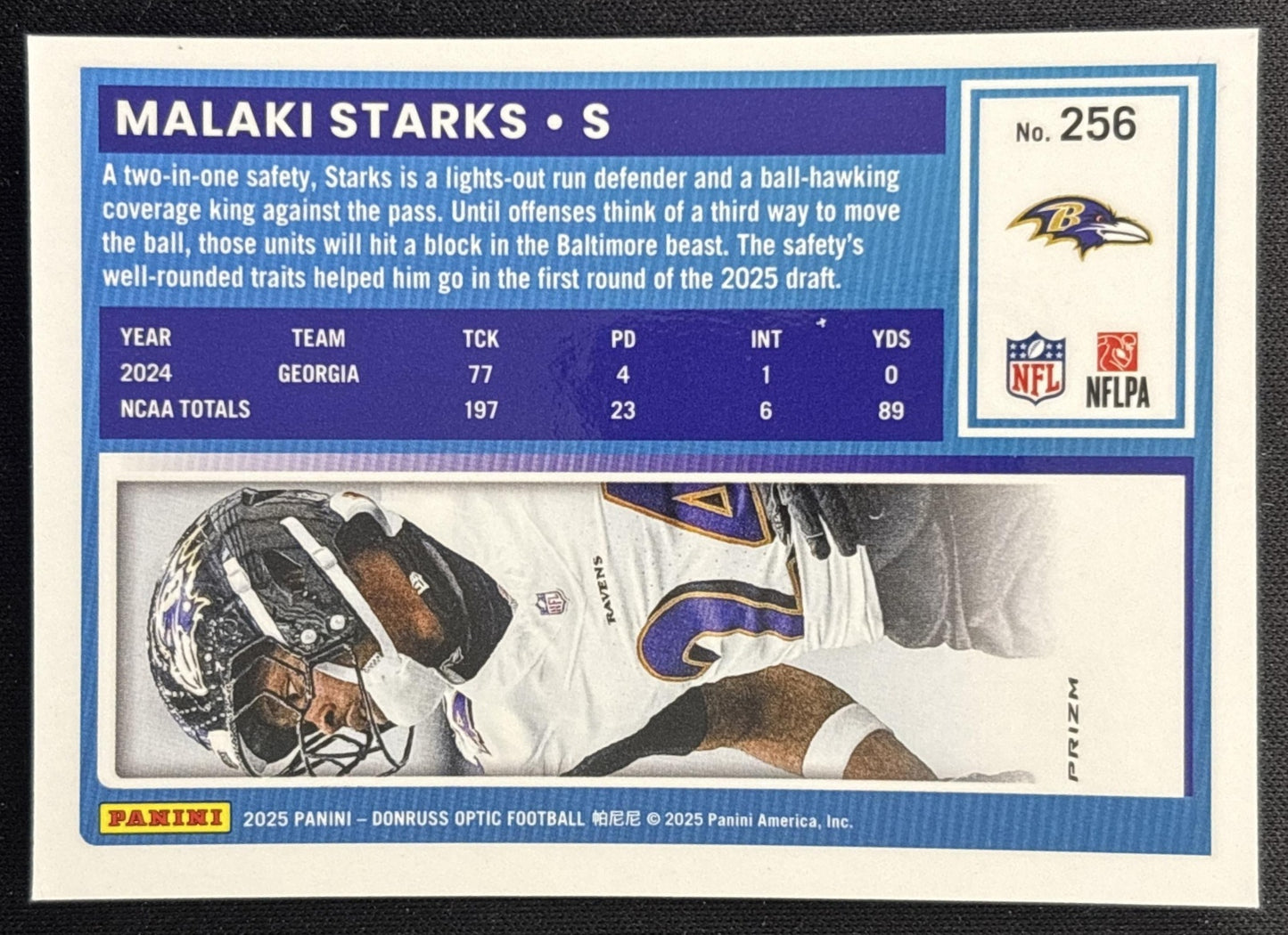 Malaki Starks 2025 Panini Donruss Optic Rated Rookie Purple Shock Prizm Ravens back