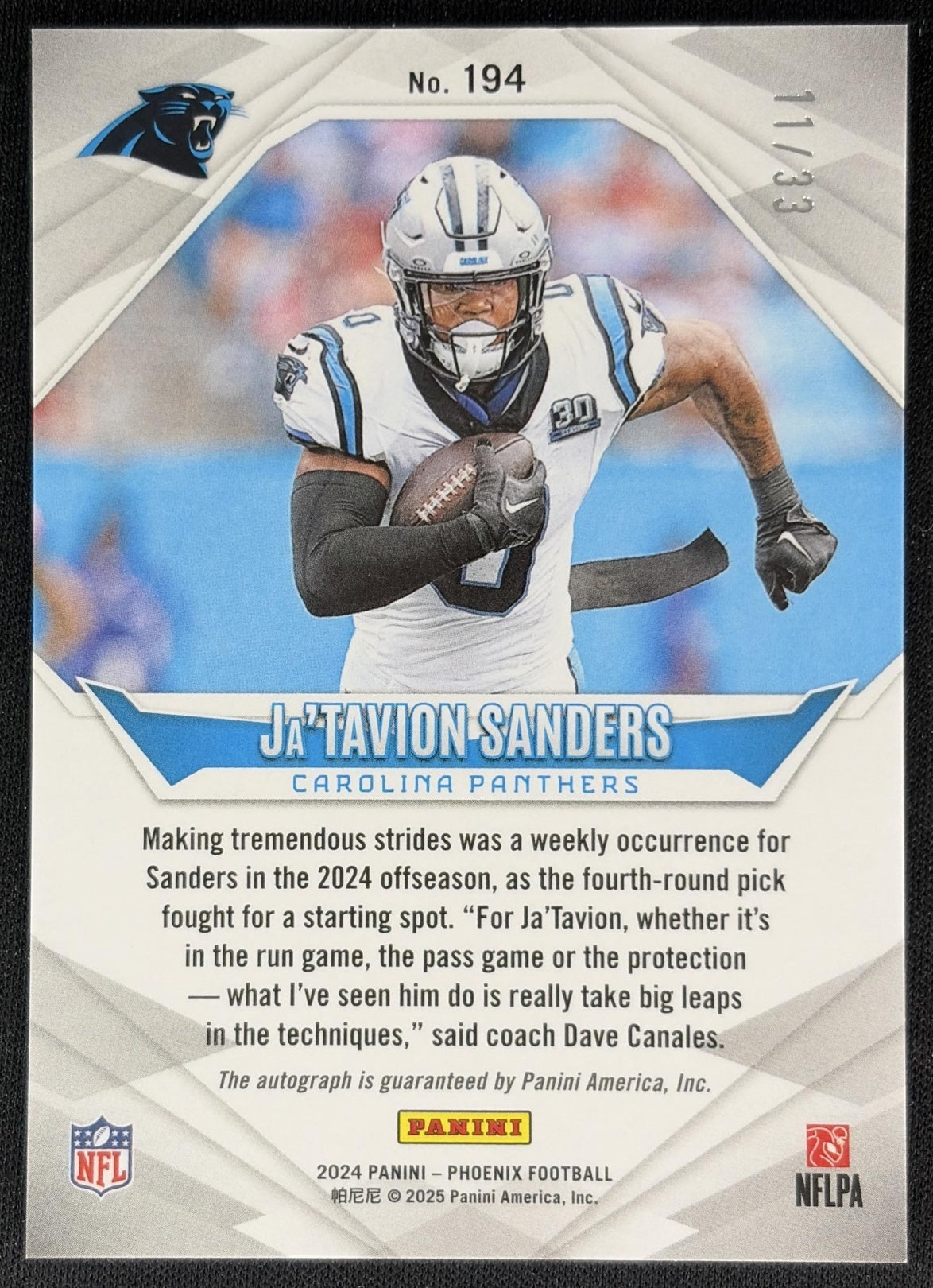 Ja'Tavion Sanders 2024 Panini Phoenix Rookie Auto Bronze /33 Panthers