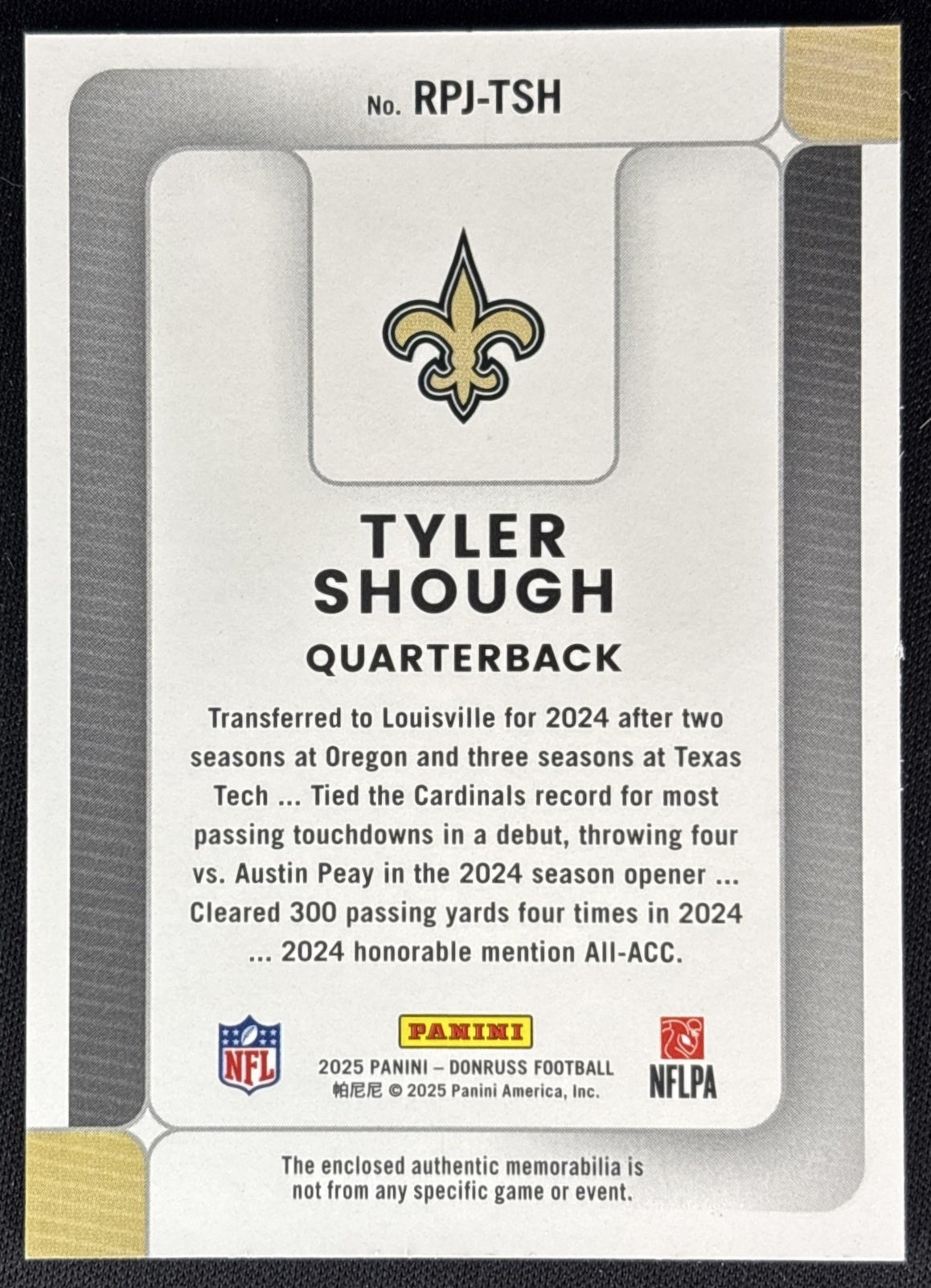 Tyler Shough 2025 Panini Donruss Rookie Phenom Jerseys Saints back