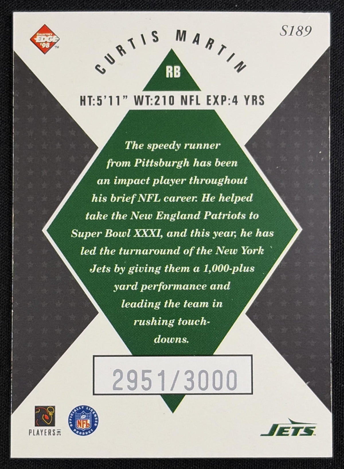 Curtis Martin 1998 Collector's Edge Masters 50 Point /3000 Jets