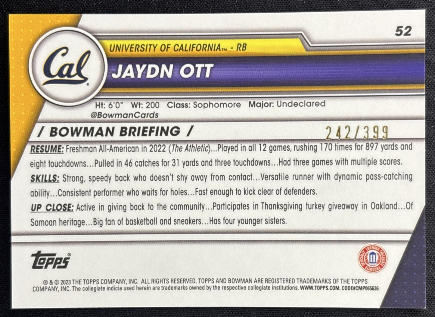 Jaydn Ott 2023 University Chrome Purple Mini Diamond Refractor /399 Golden Bears back