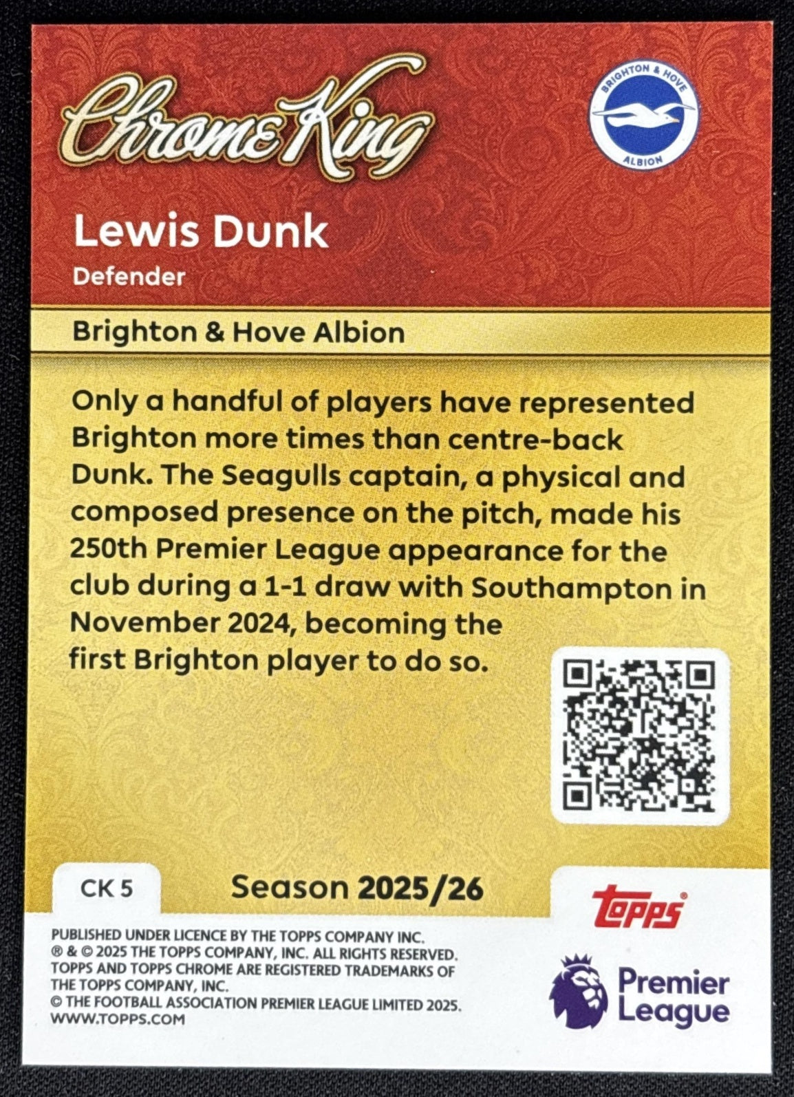 Lewis Dunk 2025 Topps Premier League Chrome King Brighton & Hove