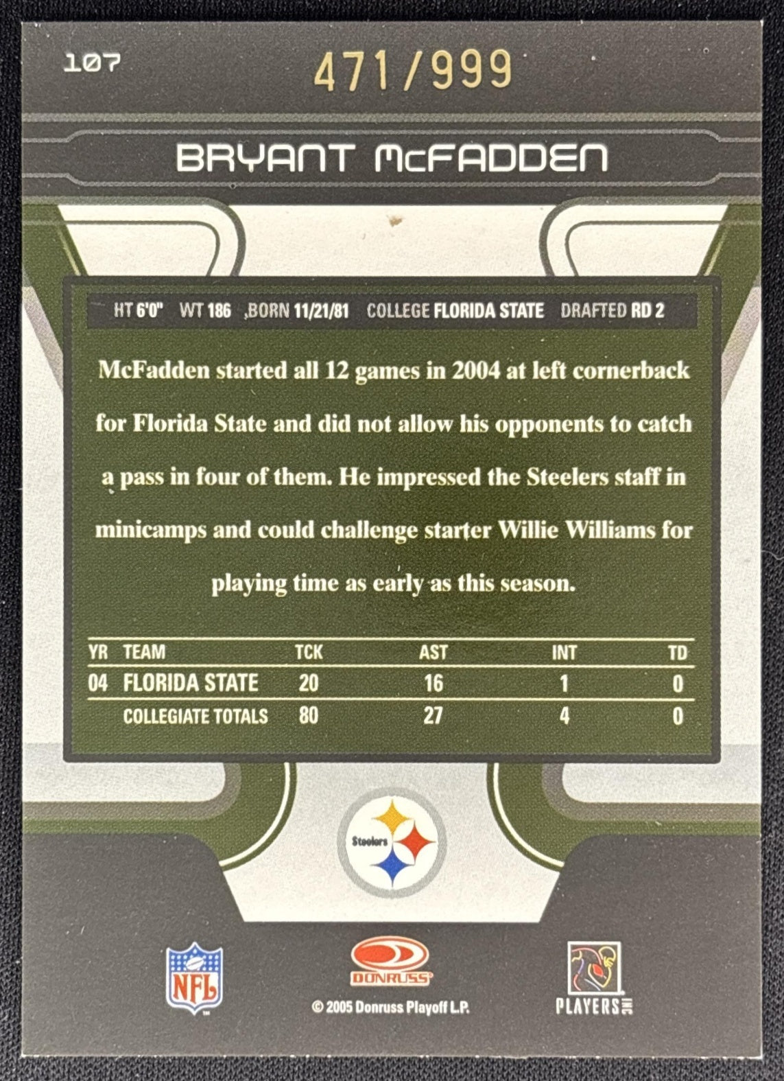 Bryant McFadden 2005 Donruss Zenith /999 Steelers back