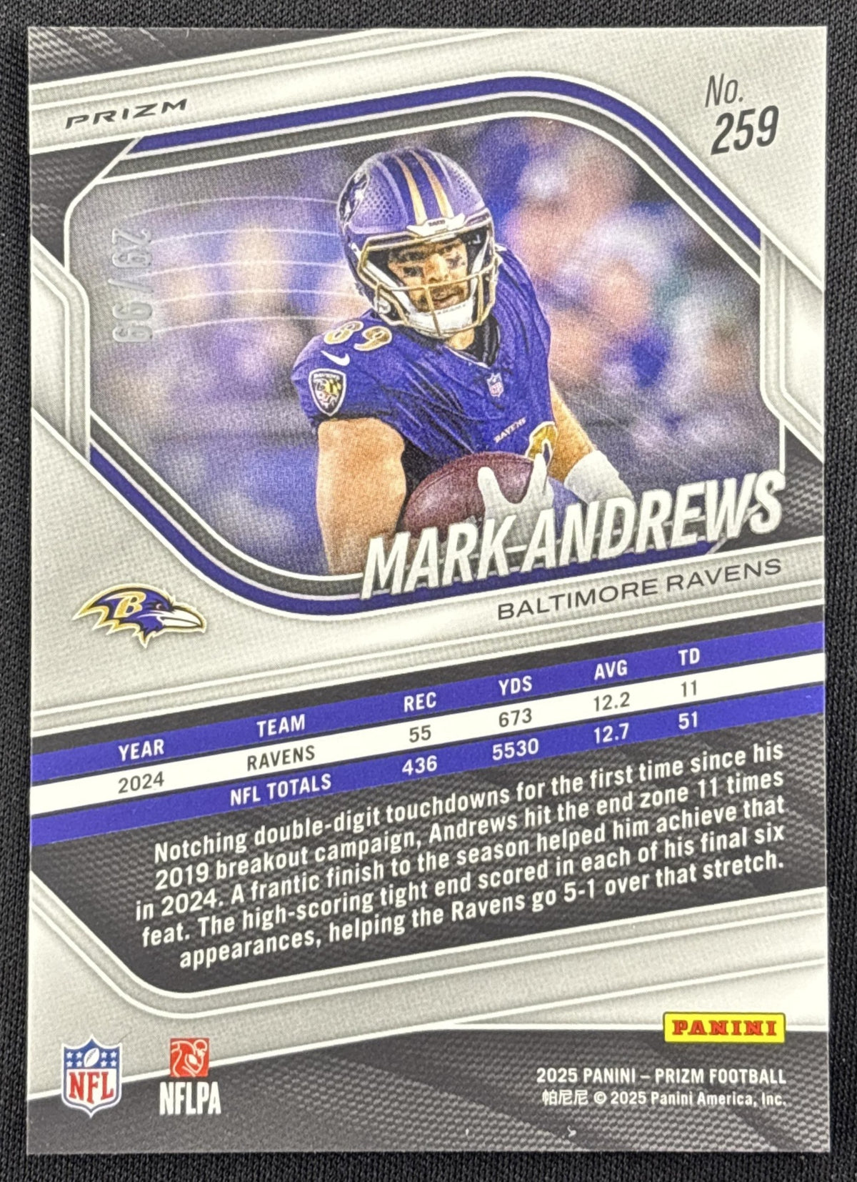 Mark Andrews 2025 Panini Prizm No Huddle Red /99 Ravens