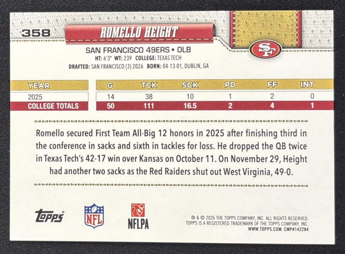 Romello Height 2026 Topps Aqua Rainbow Foil 49ers