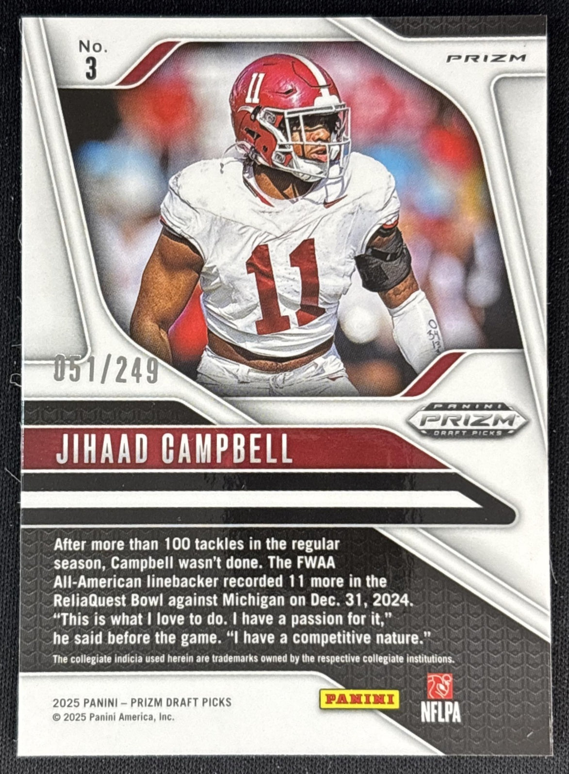 Jihaad Campbell 2025 Panini Prizm Draft Picks Blue /249 Crimson Tide Back