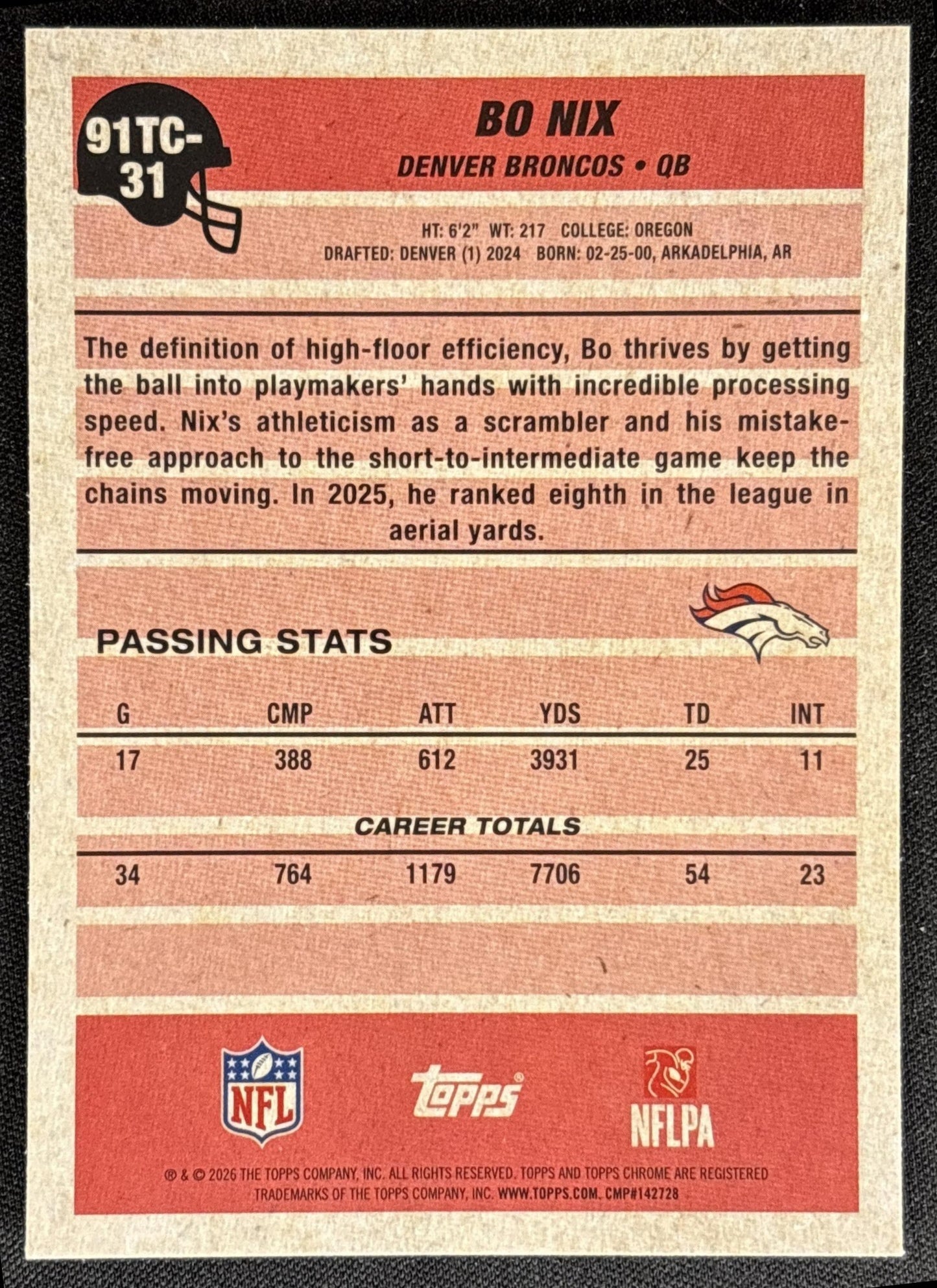 Bo Nix 2026 Topps 1991 Chrome Mojo Refractor Broncos
