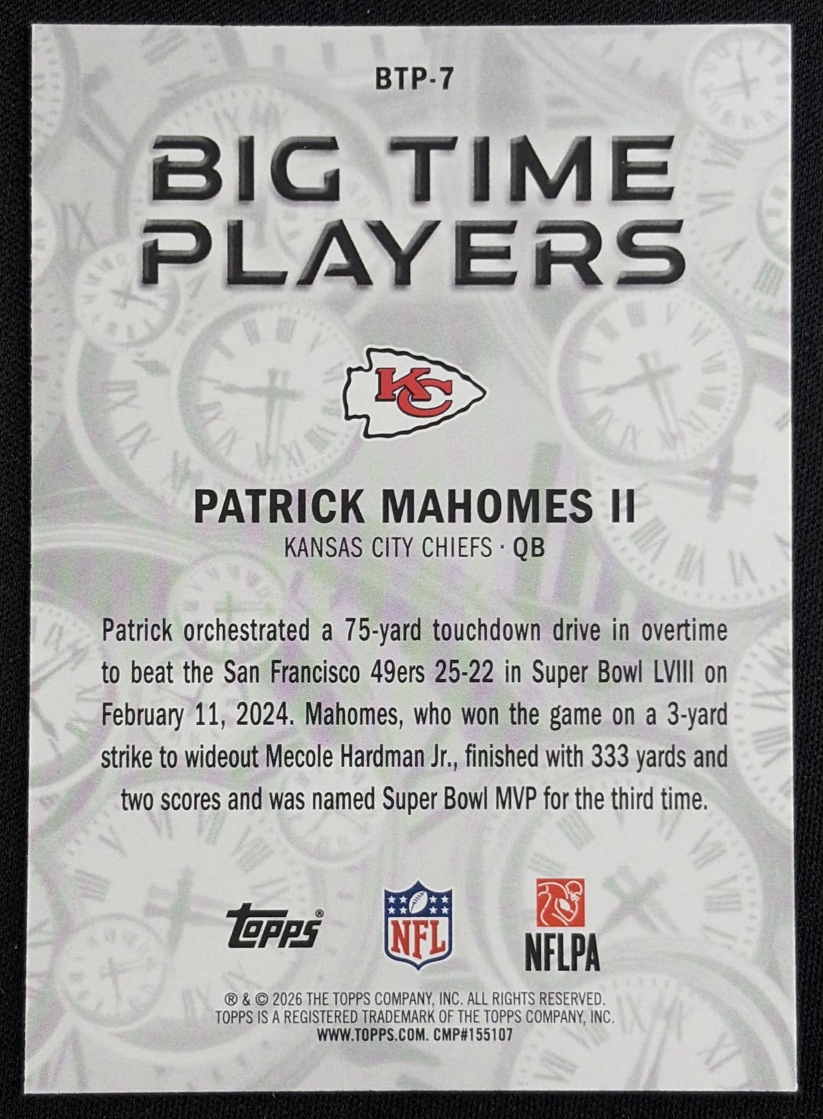 Patrick Mahomes 2026 Topps Big Time Players Chiefs