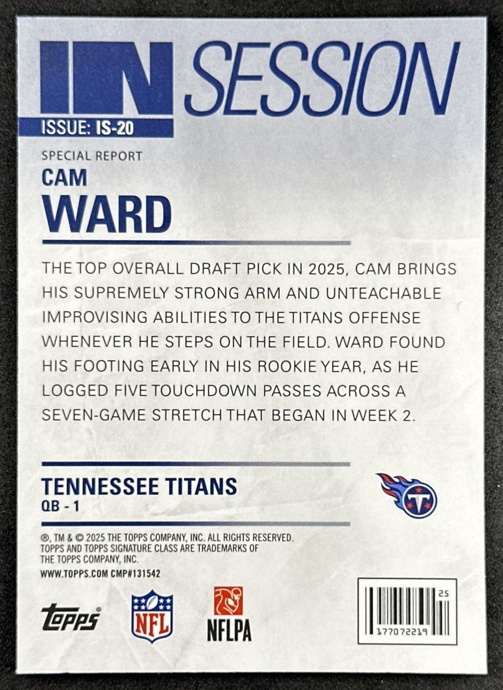 Cam Ward 2025 Topps Signature Class In Session Titans Back