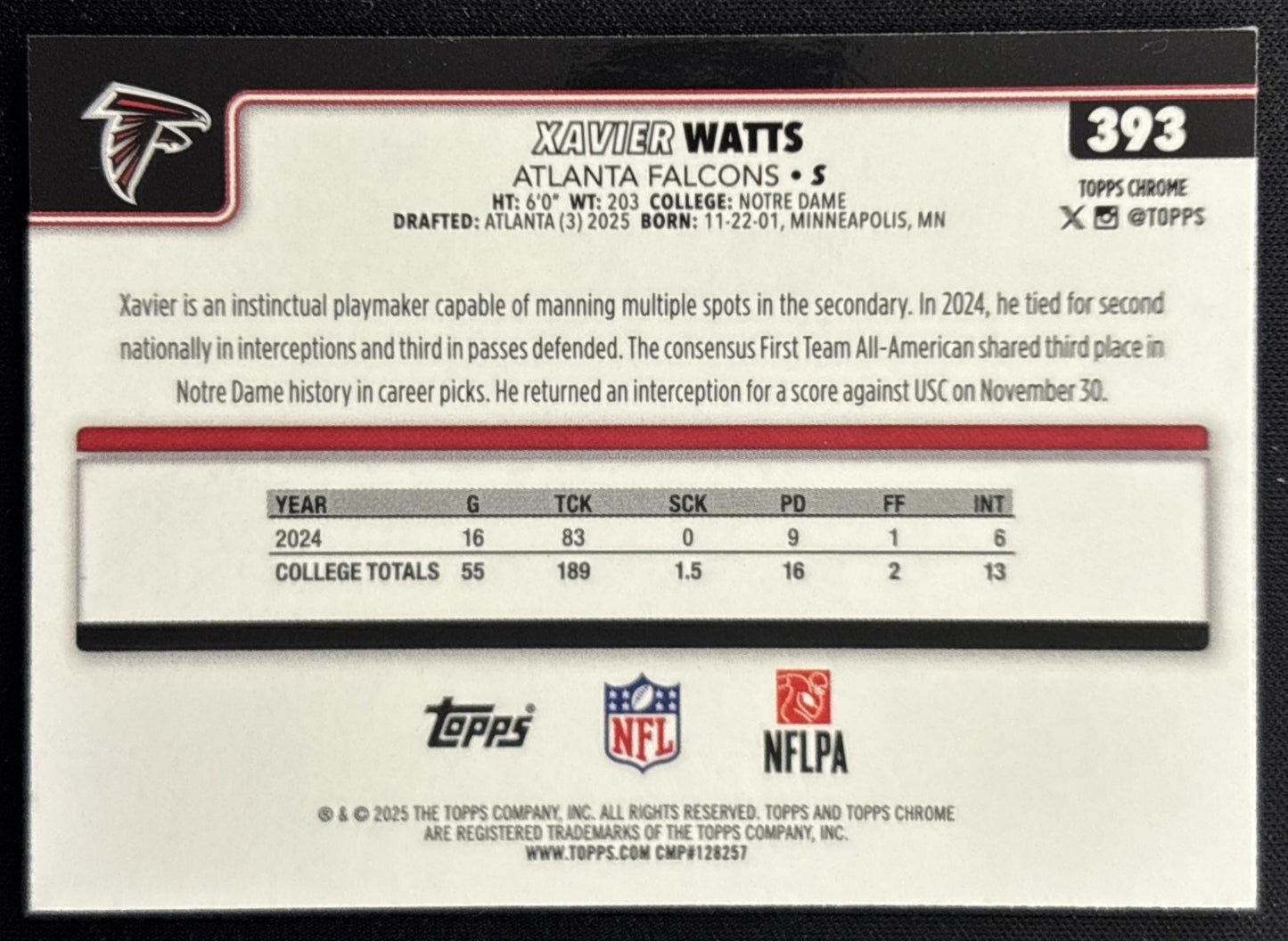 Xavier Watts 2025 Topps Chrome Sapphire Falcons Sports Trading Cards