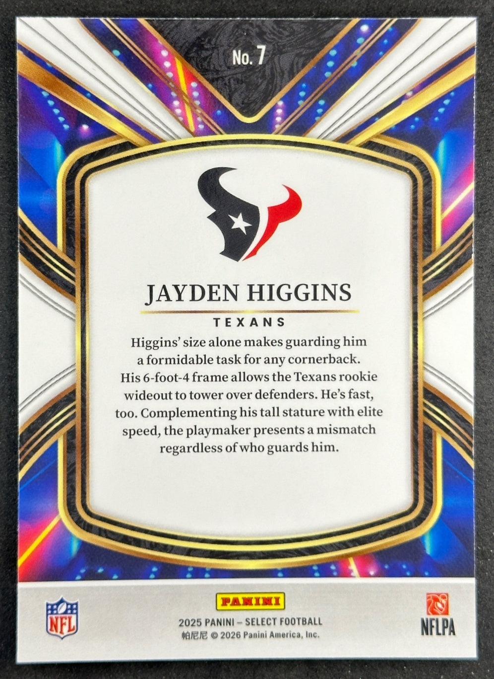 Jayden Higgins 2025 Panini Select Future Texans Sports Trading Cards