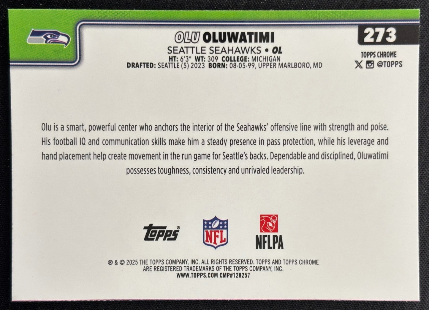 Olu Oluwatimi 2025 Topps Chrome RayWave Refractor Seahawks Sports Trading Cards