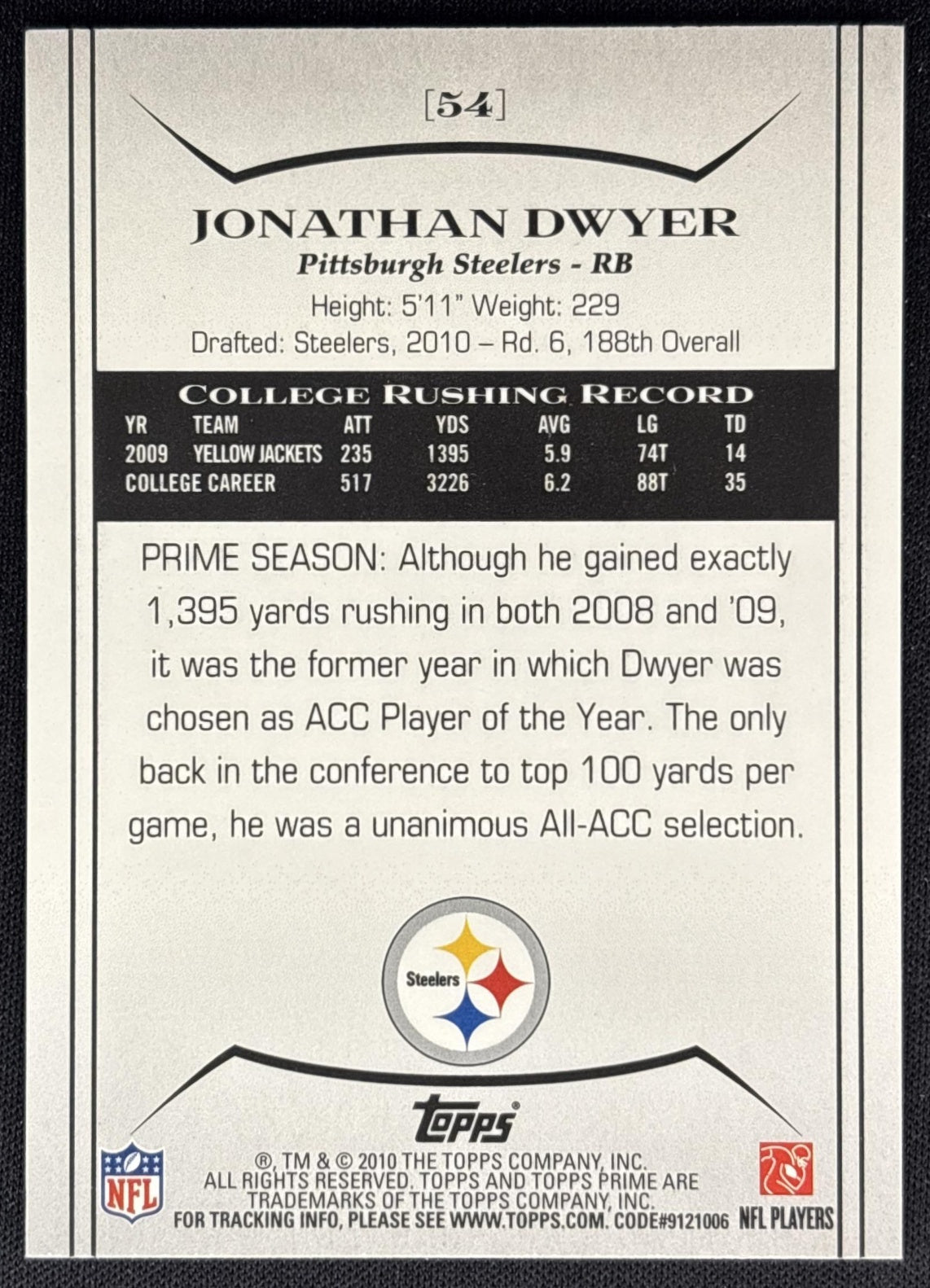 Jonathan Dwyer 2010 Topps Prime /999 Steelers back