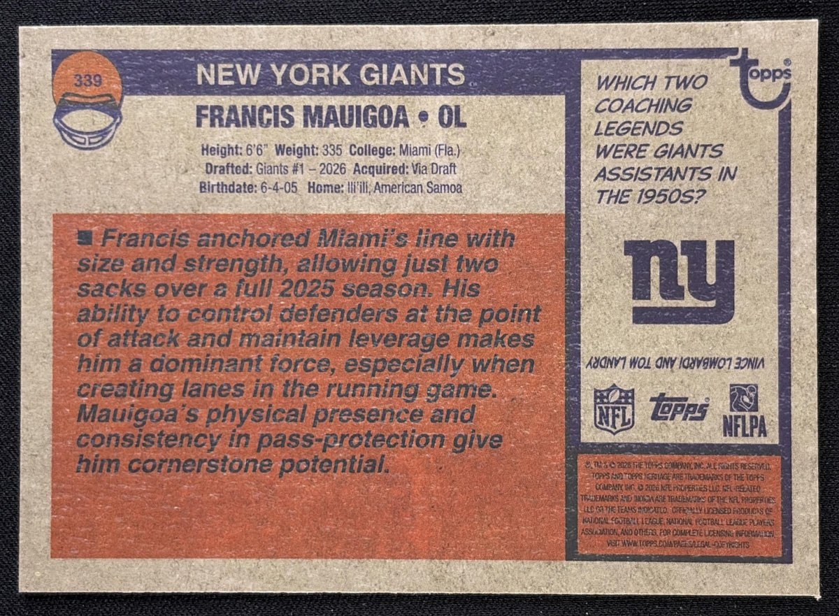 Francis Mauigoa 2026 Topps Heritage Chrome Aqua Sparkle Giants Sports Trading Card