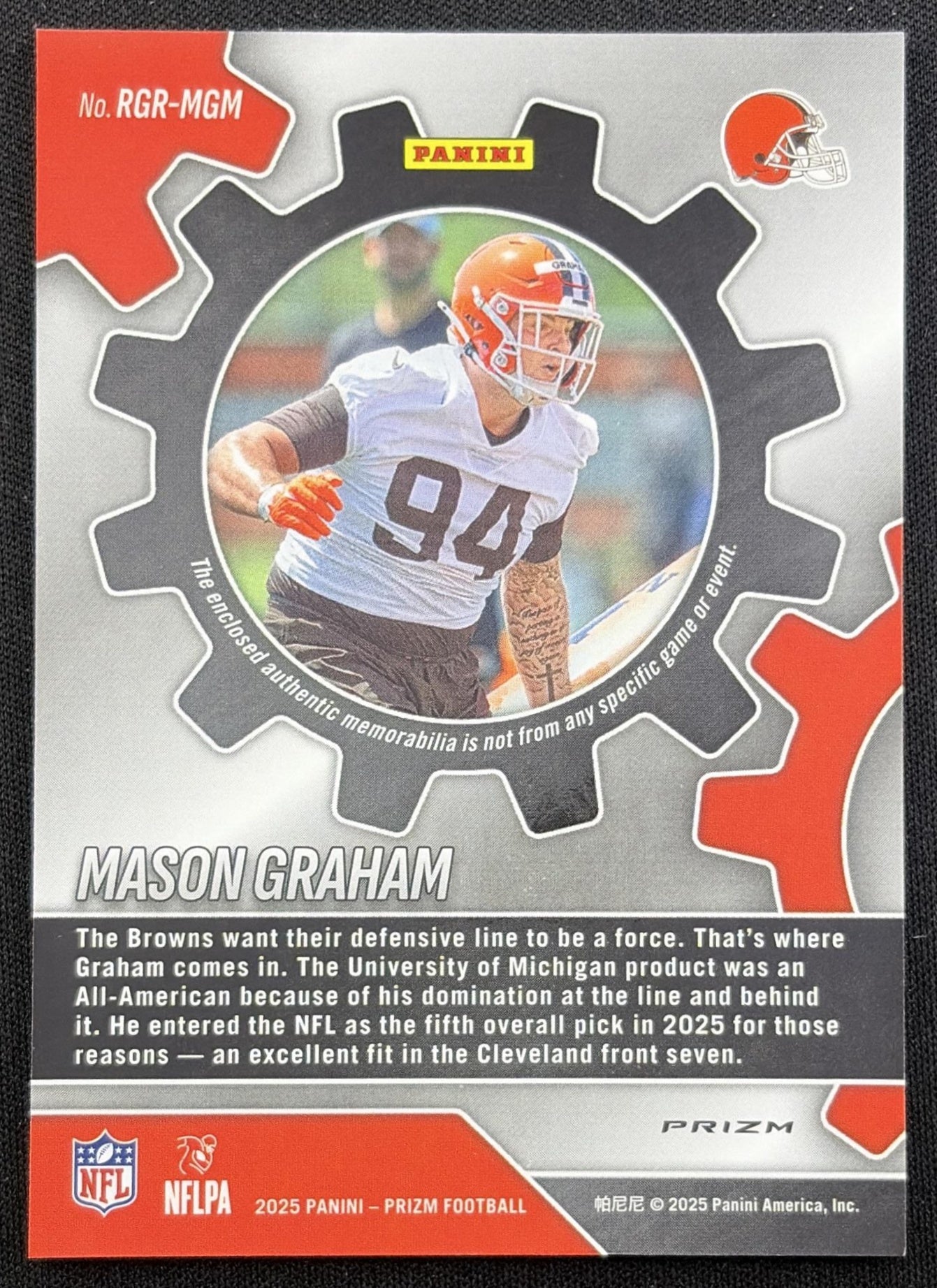 Mason Graham 2025 Panini Prizm Rookie Gear Purple Pulsar Browns