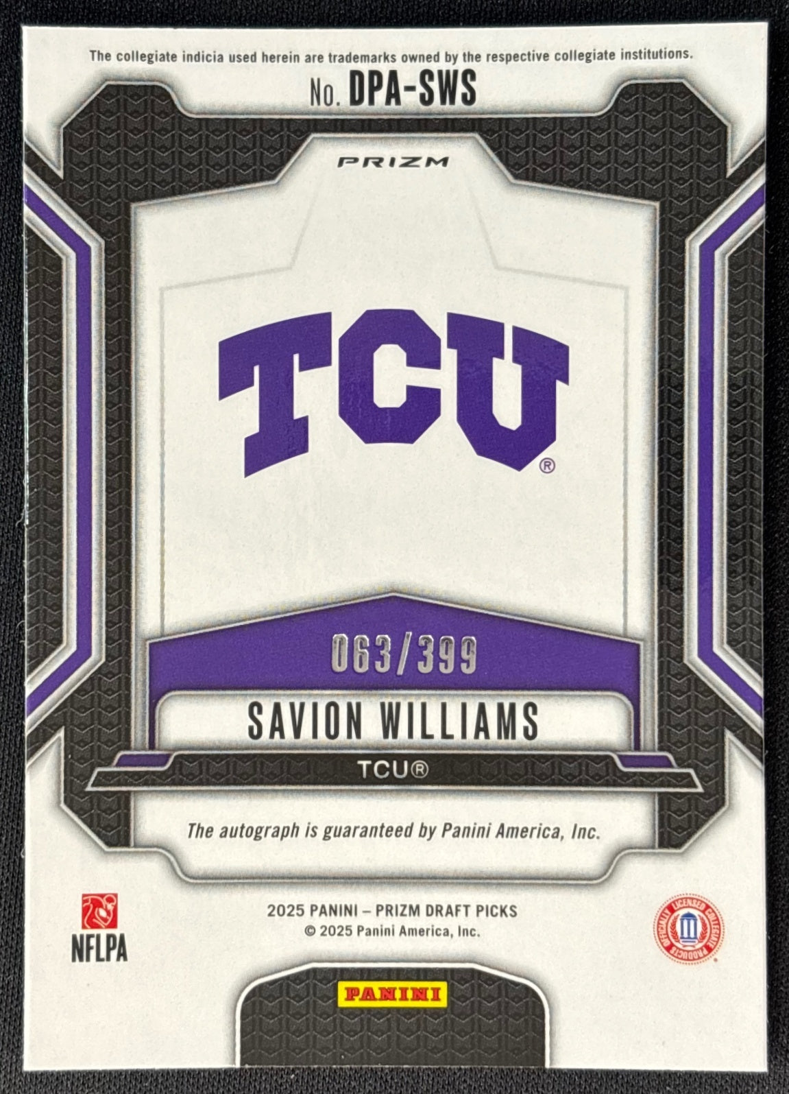 Savion Williams 2025 Prizm Draft Picks Auto Red /399 Horned Frogs back | Wayne Collection