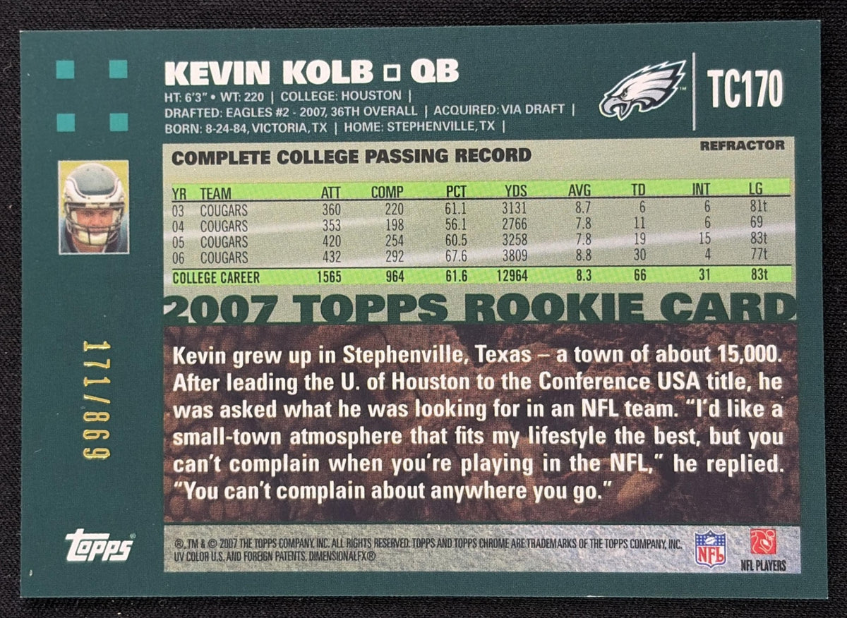 Kevin Kolb 2007 Topps Chrome White Refractors /869 Eagles - Back