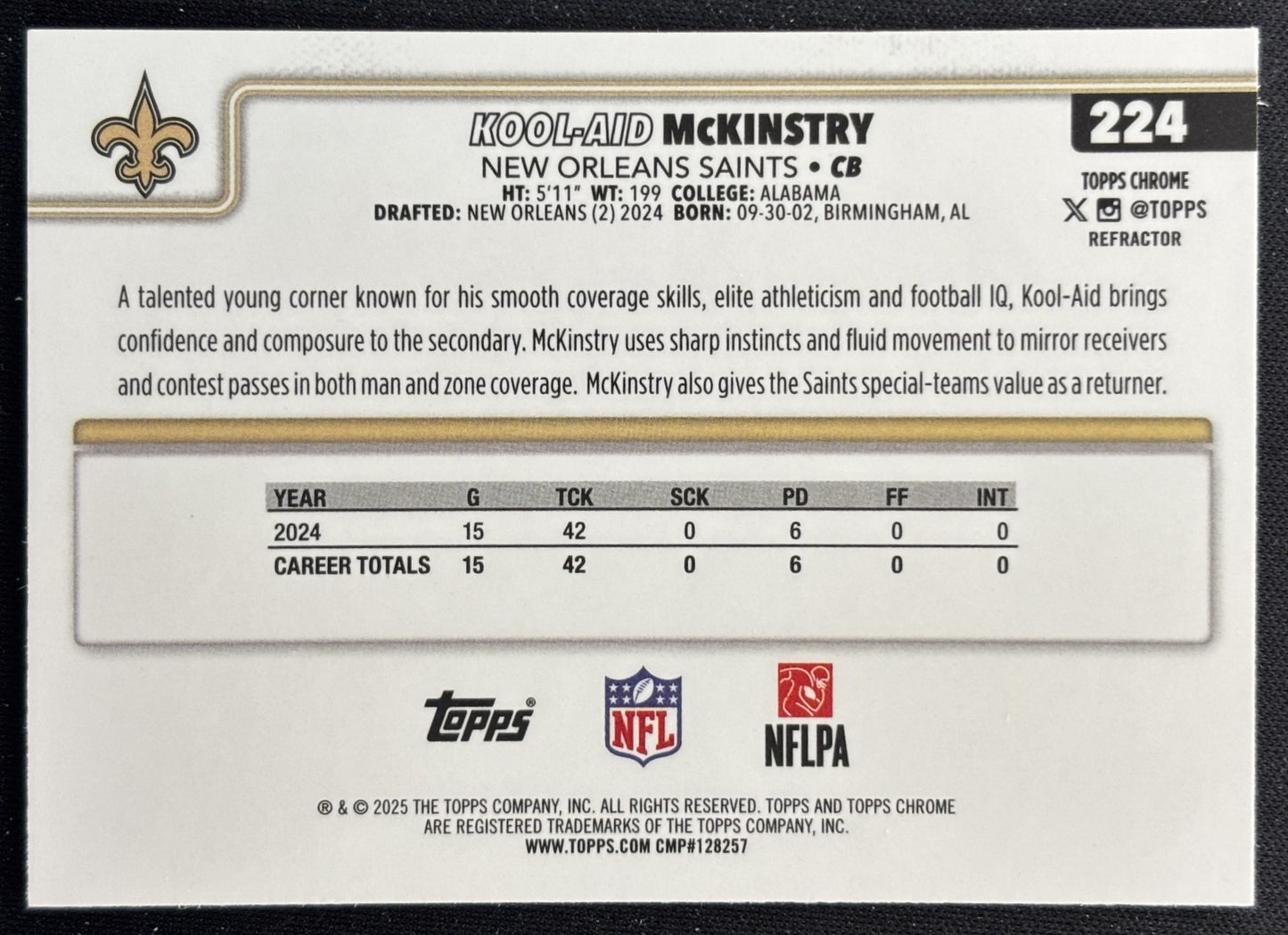 Kool-Aid McKinstry 2025 Topps Chrome Refractor Saints Sports Trading Cards