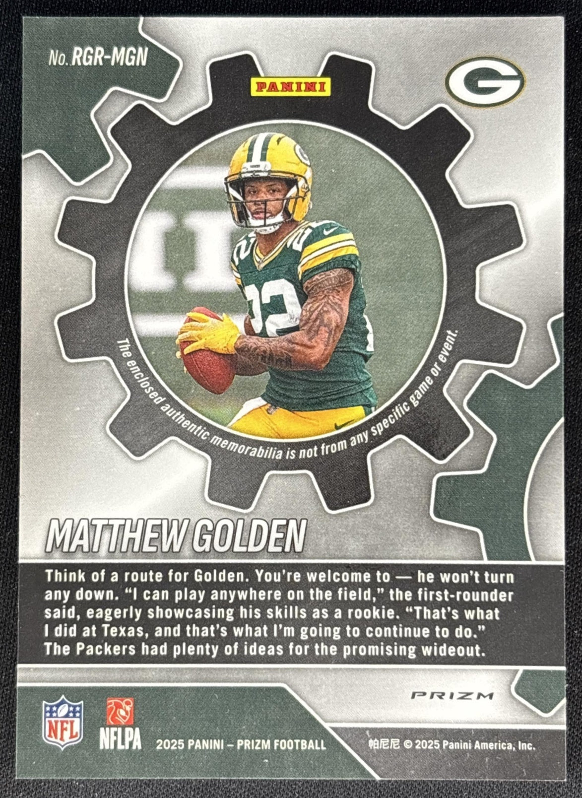 Matthew Golden 2025 Panini Prizm Rookie Gear Neon Green Pulsar Packers back