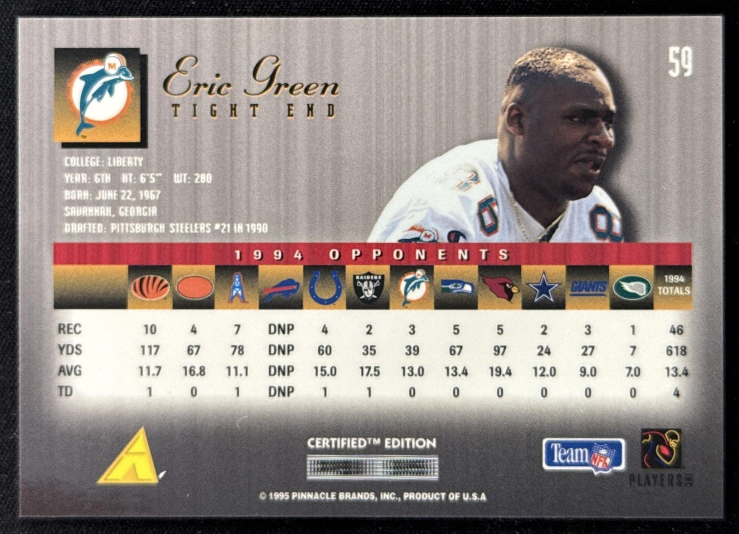 Eric Green 1995 Pinnacle Select Certified Dolphins