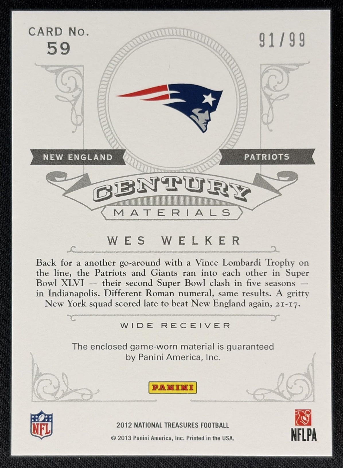 Wes Welker 2012 Panini National Treasures Century Material /99 Patriots back