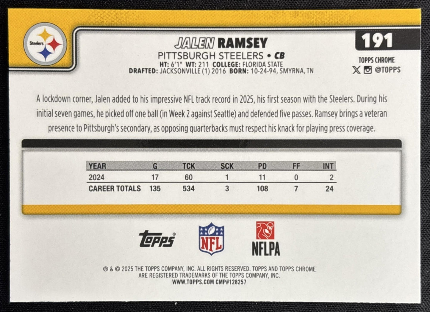 Jalen Ramsey 2025 Topps Chrome Football Leather Refractor Steelers Sports Trading Cards