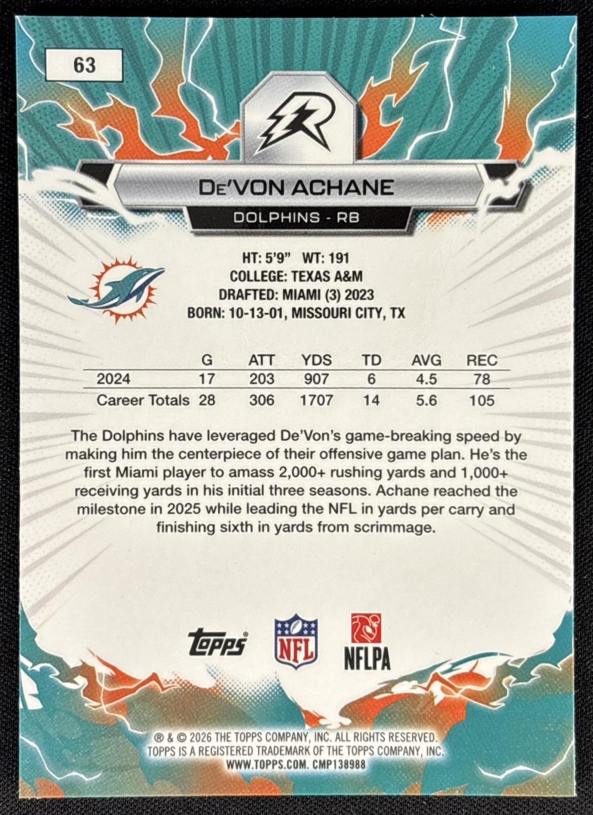 De'Von Achane 2025 Topps Resurgence Blue and Orange Spark Refractor Dolphins