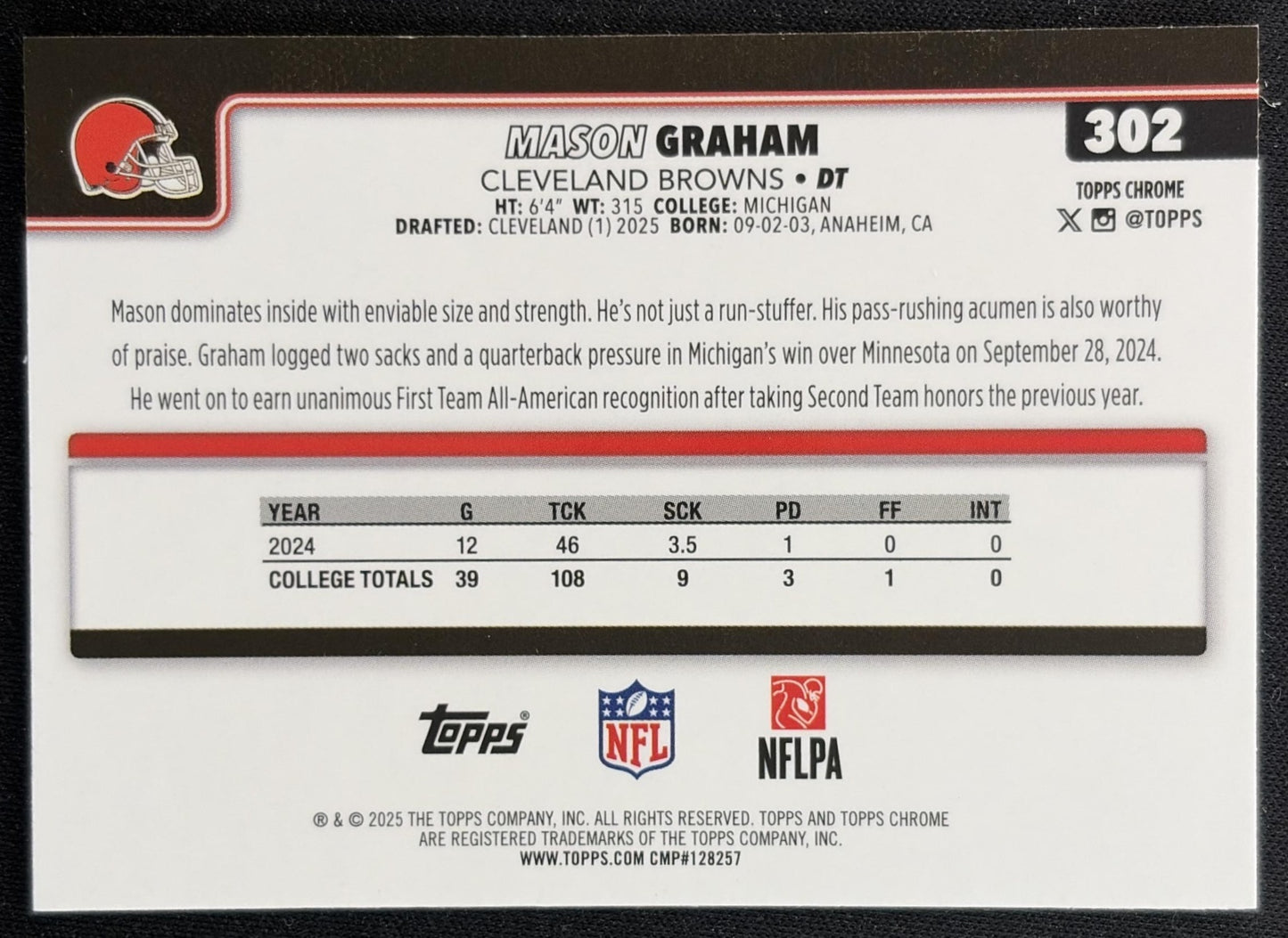 Mason Graham 2025 Topps Chrome Rookie Red/White/Blue Refractor Browns back