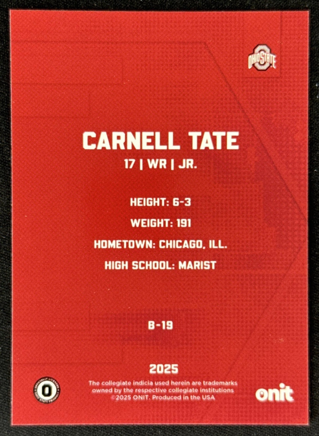 Carnell Tate 2025 ONIT Athlete Ohio State Buckeyes Sports Trading Card