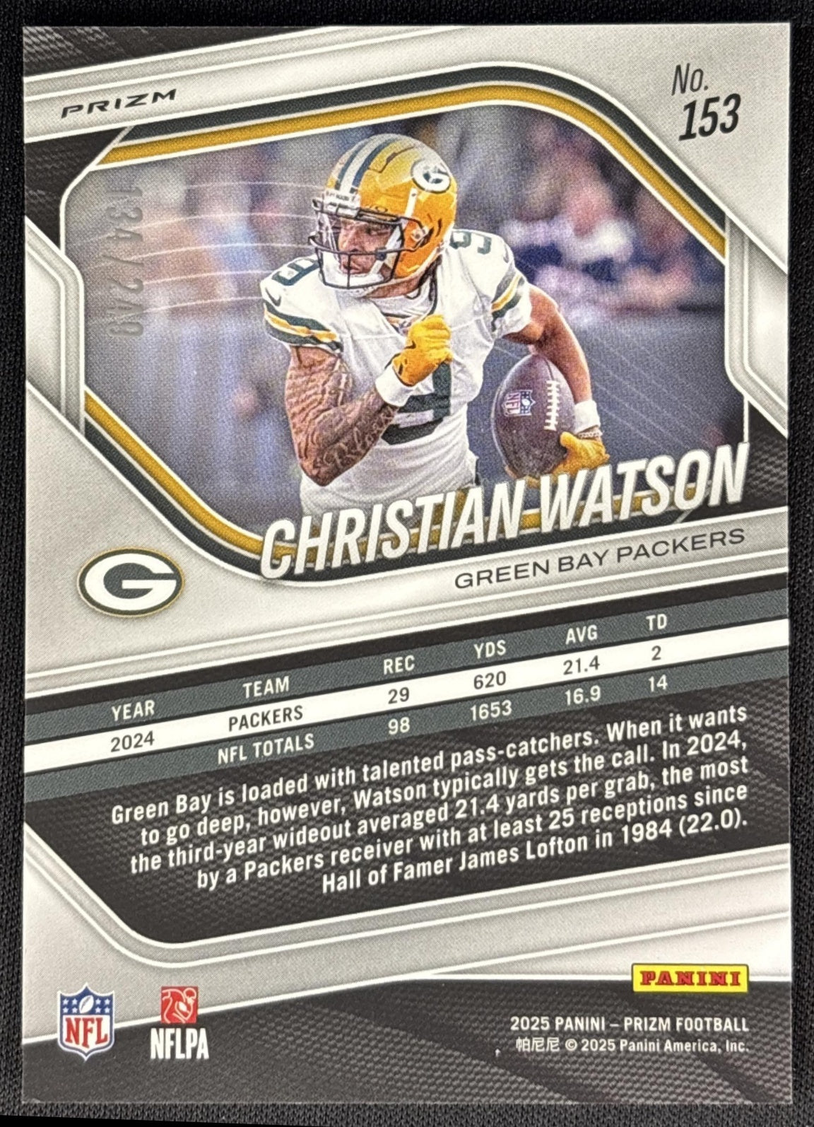 Christian Watson 2025 Panini Prizm Orange /249 Packers Sports Trading Card