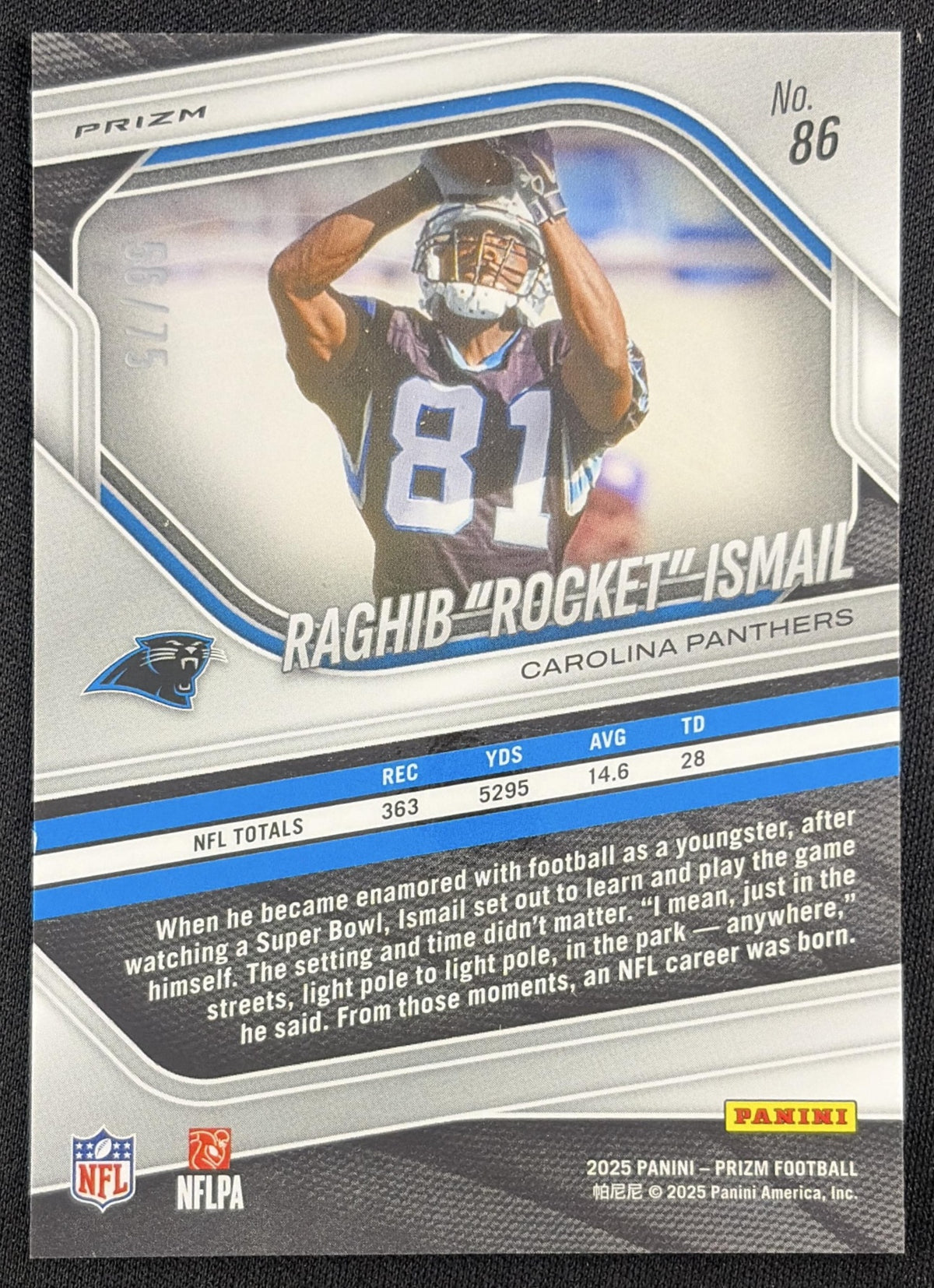 Raghib "Rocket" Ismail 2025 Panini Prizm No Huddle Purple /75 Panthers