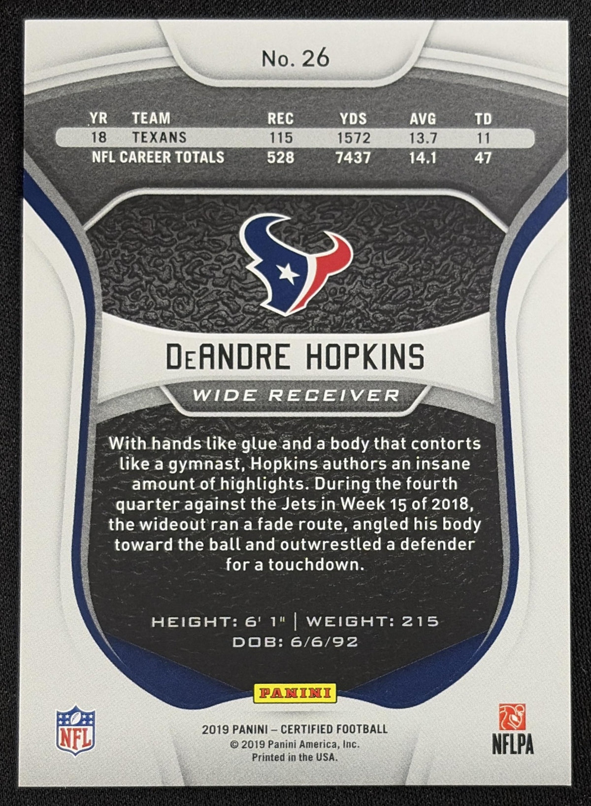 DeAndre Hopkins 2019 Panini Certified Mirror /450 Texans