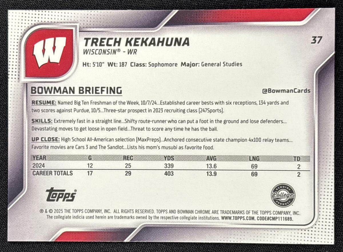 Trech Kekahuna 2025 Bowman Chrome University Prospects Fuchsia Refractor /225 Badgers